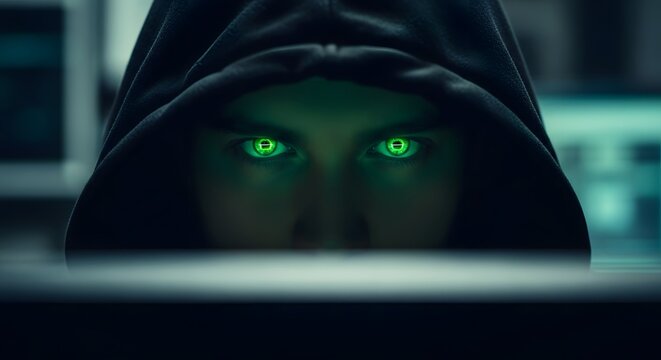 Mysterious hacker with glowing green eyes staring intensely at computer screen