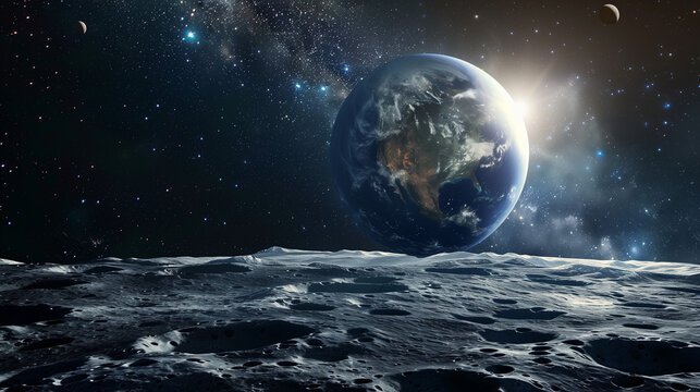 Moonlit Earthrise with Vast Cosmic expanse, Milky Way shimmering in the background, a breathtaking, cinematic spectacle of our luminous planet from lunar perspective.

