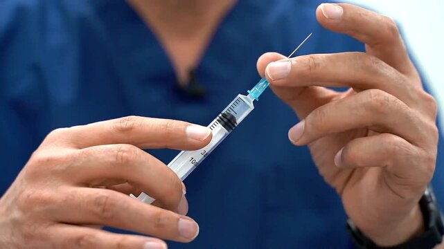 Demonstrating the proper handling of a syringe before an injection in a medical setting.