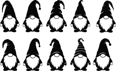 Cute Christmas gnome vector set, Scandinavian holiday decoration, festive dwarf illustrations, black silhouette gnomes, winter season art for crafts and design