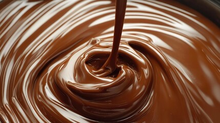 Indulgent Melted Chocolate Displaying Rich Creamy Texture Pouring Over Dessert in Dark Brown Swirls