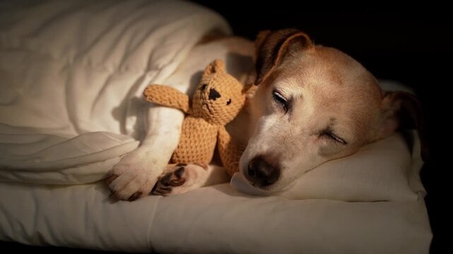 Lovely senior dog sleeping with eyes closed in white bed under blanket hugging cuddling small bear toy. Dark room black background. High Contrast image. video footage. Senior dog resting 