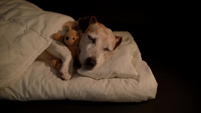Cute sleeping senior dog sleeping in white bed under blanket hugging cuddling small bear toy. Dark room black background. High Contrast image. video footage. Senior dog resting eyes closed. empty copy