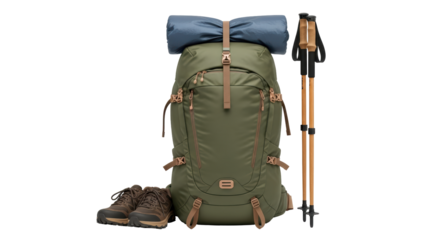 Isolated hiking backpack and trekking poles on a neutral surface ready for an outdoor adventure