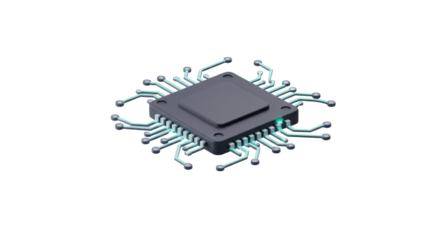 A sleek, modern microchip with glowing blue circuitry illustrates advanced computational power and digital innovation on a clean white background.