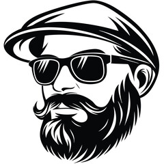 Bearded man wearing glasses and newsboy cap exhibits a striking black and white portrait