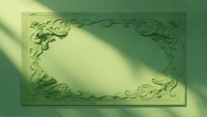 A pale green, rectangular relief panel with an ornate, carved frame featuring stylized floral and leaf motifs casts a shadow on a similarly hued wall.  Sunlight streams across the surface