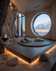 Elevated meditation space with mountain views.