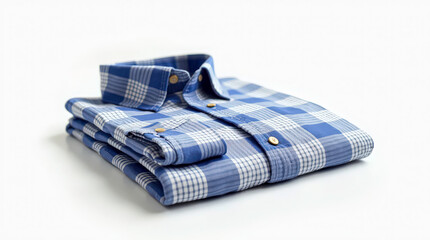 Neatly folded plaid button down shirt with blue and white checkered pattern, displayed on a white background for fashion or retail use 