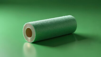 A pale green roll of textured fibrous material rests on a matching green surface, casting a subtle shadow; cylindrical shape with a visible cardboard core