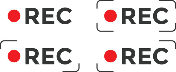 Recording or REC icon Set. red color record symbol. Red REC logo for video camera recording control.