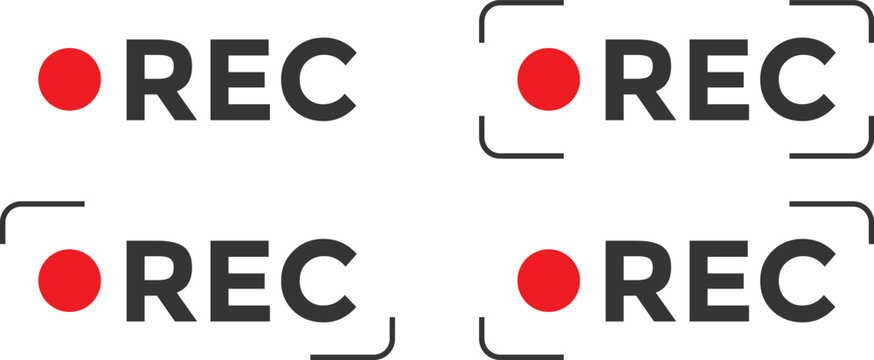 Recording or REC icon Set. red color record symbol. Red REC logo for video camera recording control.