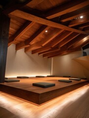 Elevated wooden platform with seating cushions, illuminated by ambient light.