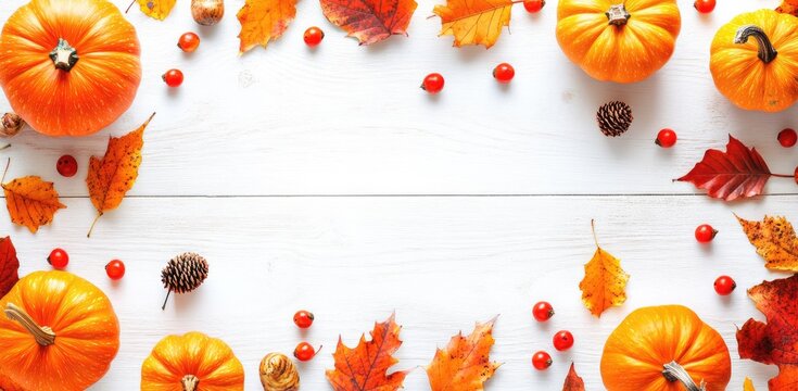 Autumn harvest pumpkins with pinecones, berries, and colorful leaves on rustic white wood background, ideal for thanksgiving invitations, seasonal banners, and festive cards