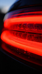 Vibrant Red Car Tail Light Close-Up with Water Droplets Enhancing Texture and Reflections