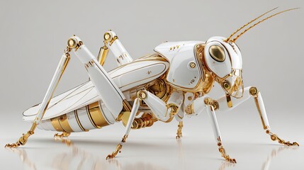 Elegant mechanical grasshopper with gold and white details. futuristic and luxury insect robot concept for robotics and engineering.