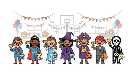 Spooky Success: A group of children in diverse costumes proudly hold up trophies after their achievements. Capturing the Halloween spirit and sense of accomplishment.