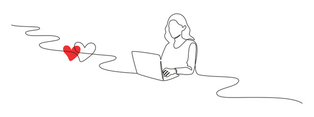 Woman with laptop computer in one continuous line drawing. Female user with dating app and heart in simple linear style. Searching love concept in Editable stroke. Doodle vector illustration