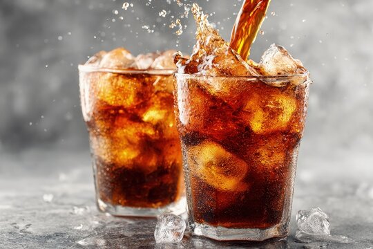 Two glasses of refreshing cola with ice cubes and splashing bubbles on gray background, ideal for beverage advertising, summer promotions, and drink menu design