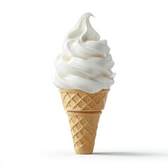 A single, pristine, vanilla ice cream cone.  A swirl of smooth, white frozen dessert rests atop a light-brown waffle cone.  Perfect food still life