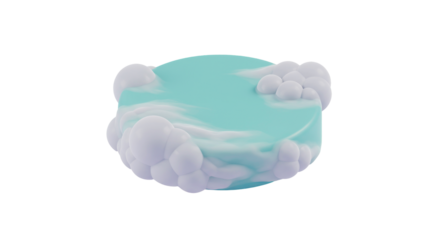 A whimsical 3D rendered sky-blue platform, adorned with soft white clouds, offers a serene and ethereal stage for product display or creative concepts.
