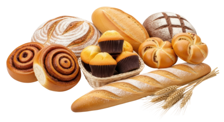Isolated Assortment of baked goods, baguettes, rolls, and muffins in basket, studio shot
