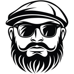 Bold bearded man with cap and sunglasses in black and white presents confident attitude