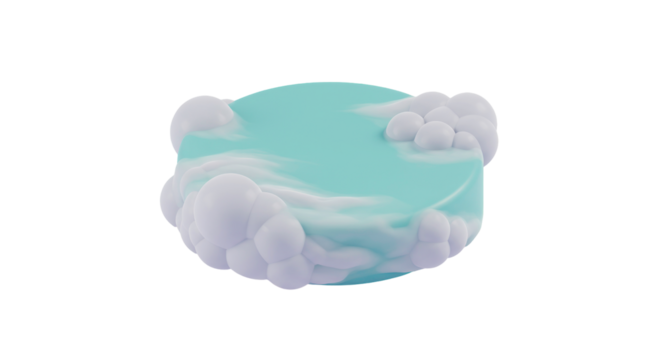 A whimsical 3D rendered sky-blue platform, adorned with soft white clouds, offers a serene and ethereal stage for product display or creative concepts.