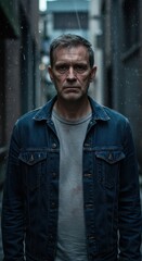 Fototapeta premium A serious man stands in a narrow alleyway, rain falling around him, his expression conveying a sense of deep thought or concern.