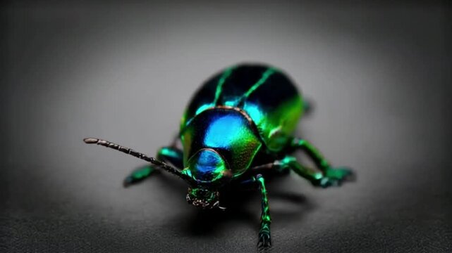 Macro photograph of a vibrant iridescent green jewel beetle