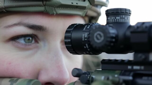 female soldier in helmet looks through sniper rifle scope. closeup on her focused eye highlights concentration and precision. military service concept.