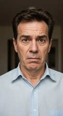 Obraz premium A man with a light blue button-down shirt displays a thoughtful, slightly concerned expression.
