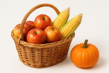 A wicker basket filled with red apples, yellow corn, and a vibrant orange pumpkin, set against a plain background.