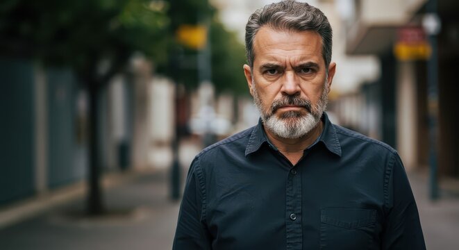 A middle-aged man with a serious expression stands on a city street, his dark clothing and thoughtful gaze creating a contemplative mood. - Powered by Adobe