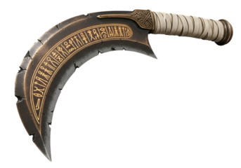 A crescent-shaped blade, ornamented with ancient hieroglyphs, boasts a weathered bronze tone and a light cream-colored wrapped hilt.