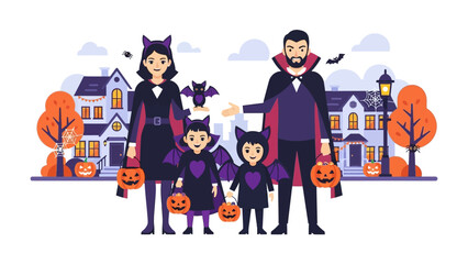 Spooky Family Celebration: A Family adorned in Halloween costumes, stand in front of a row of decorated houses, creating a scene of excitement and anticipation on a crisp autumn day. 