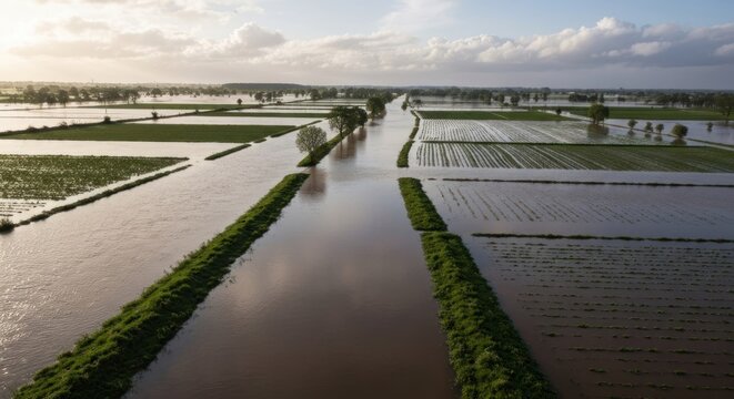 Aerial view of flooded agricultural fields.  A network of flooded, rectangular plots, intersected by waterways.  Patches of green vegetation are visible along the water channels.  Light clouds
