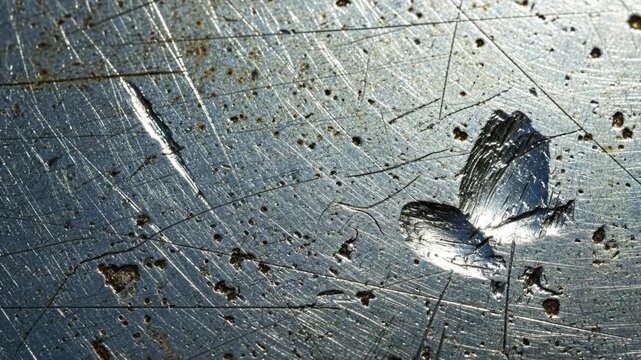 Detailed macro of a heavily scratched and worn industrial metal surface, a grunge abstract background texture.