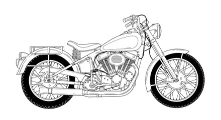 Detailed Line Art Depiction of a Classic Motorcycle on White
