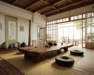 Wooden table and tatami mats in a minimalist japanese style room.