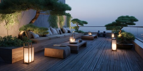 Tranquil rooftop terrace with japanese garden elements.