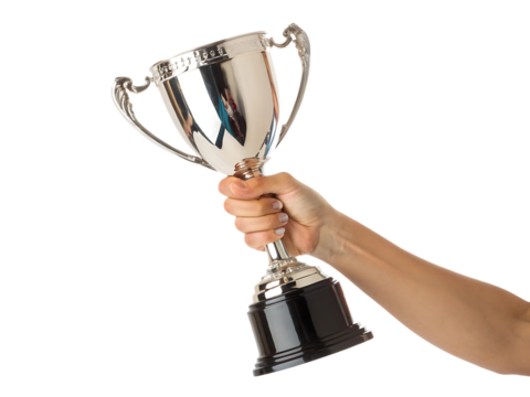 Winning silver trophy raised in celebration victory white background, isolated on transparent background