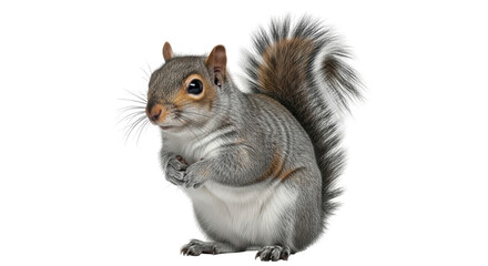 Isolated Cute squirrel standing on two legs and holding something in its paws studio shot