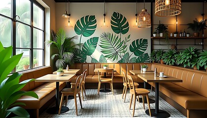 A tropical-inspired café with lush green leaf murals, wooden tables, tan leather benches, and plenty of natural light, creating a refreshing and lively dining space.