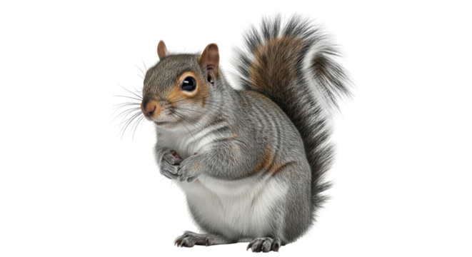 Isolated Cute squirrel standing on two legs and holding something in its paws studio shot