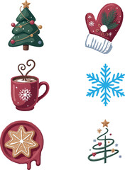 Festive Christmas Holiday Icons Illustrations Featuring Tree Coffee and Cookies
