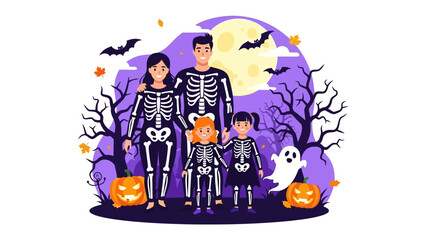Spooky Family Halloween Illustration: An illustration of a family, clad in skeleton costumes, set against a Halloween backdrop. Carved pumpkins and spooky details add festive touch.