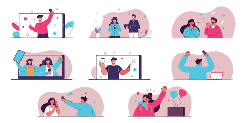 Collage of people using smartphones and tablets for selfies. With media, selfies, video calls, smartphones, tablets, laptops, people, men, women, illustration.