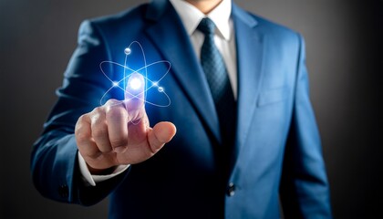 Modern Man Touching Abstract Atom Structure in Futuristic Illustration