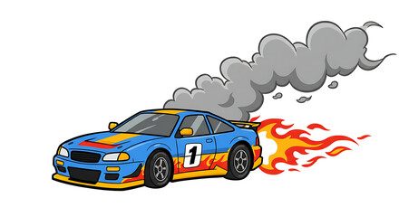 Racing Car Cartoon with Flames and Smoke on Transparent Background